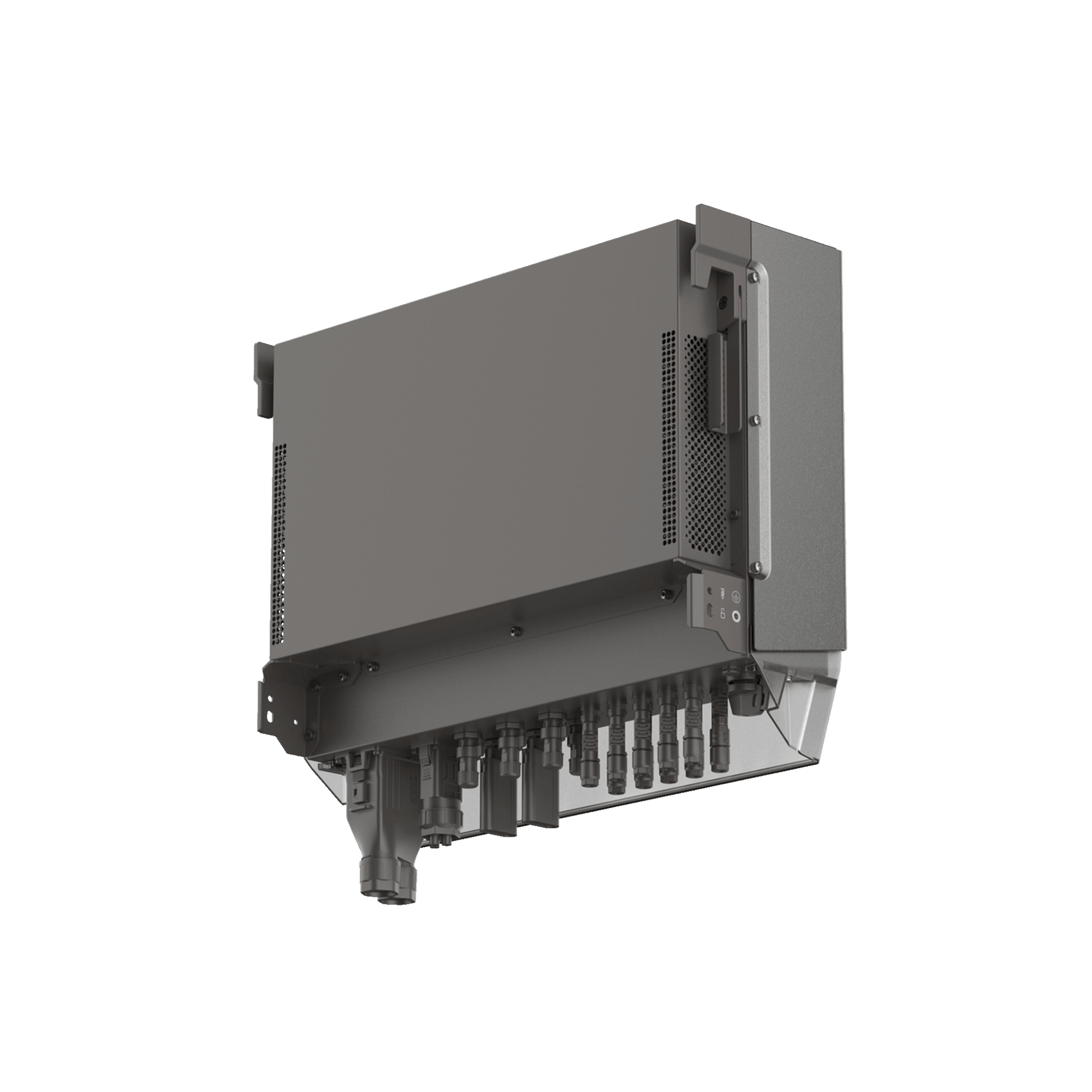 EcoFlow PowerOcean Plus Hybridwechselrichter mit Anschlüssen Lüftungsgittern und Anzeige