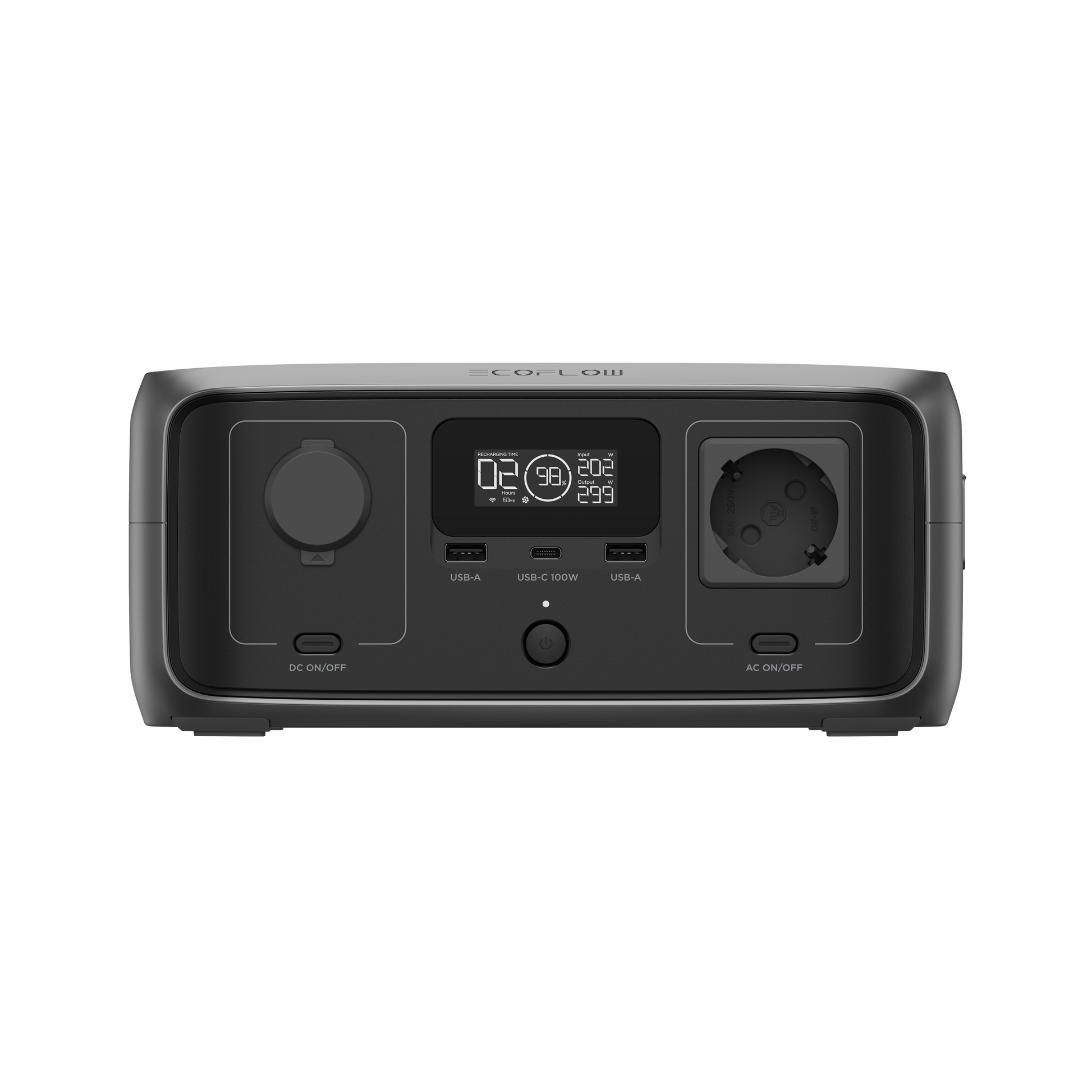 Frontansicht der EcoFlow Powerstation mit Display USB Anschlüssen und AC DC Steuerungstasten