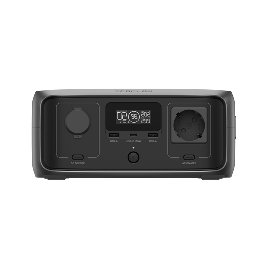 Frontansicht der EcoFlow Powerstation mit Display USB Anschlüssen und AC DC Steuerungstasten
