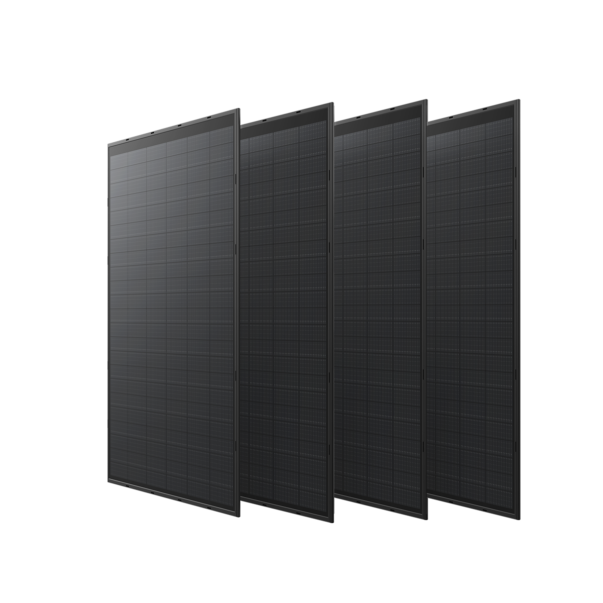 Vier starre Solarpanels nebeneinander mit Gitterstruktur aus photovoltaischen Zellen