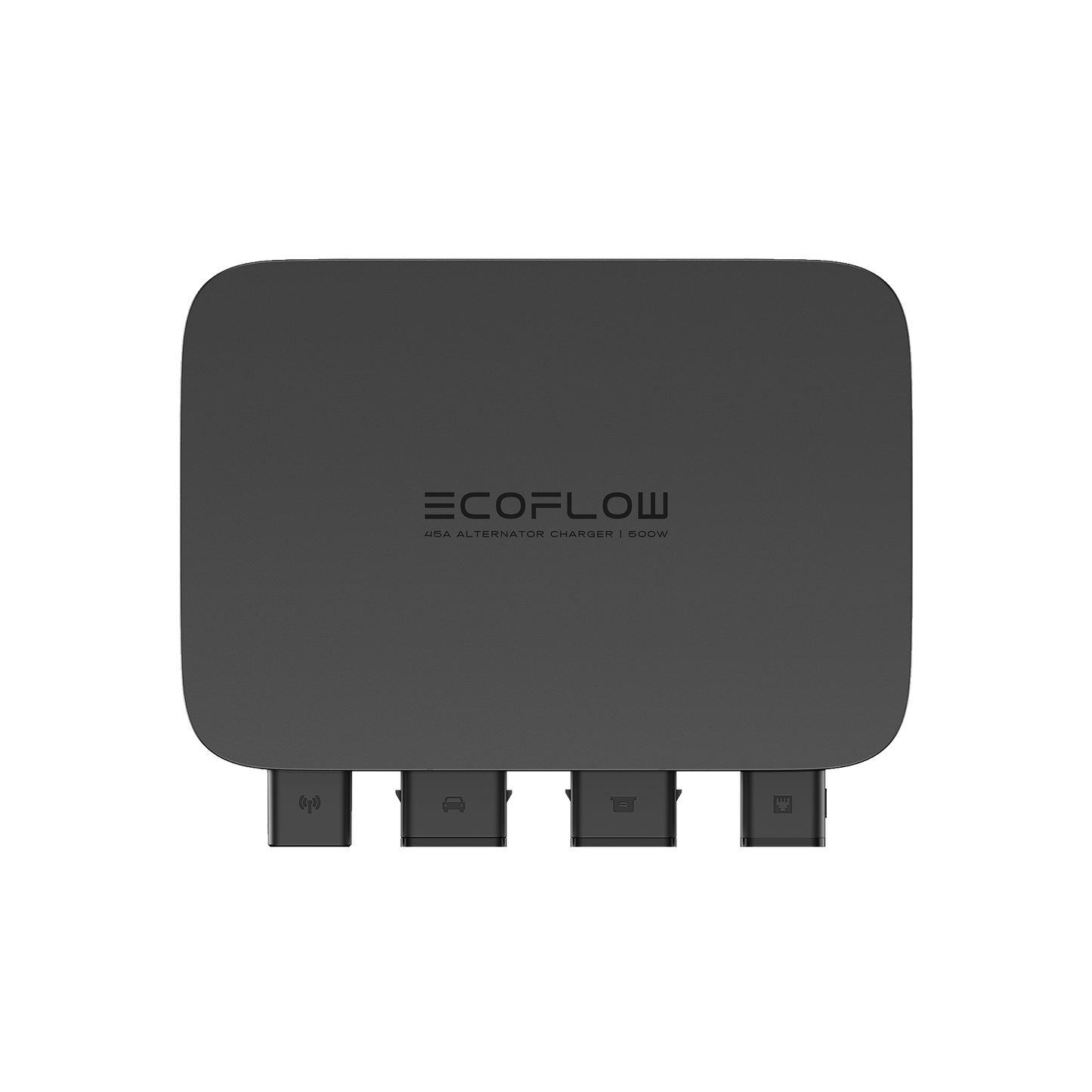 EcoFlow 500W Alternator Charger mit vier Anschlüssen und Symbolen für Strom und Batterie