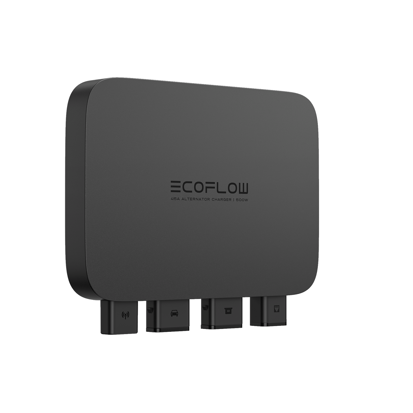 EcoFlow 500W Alternator Charger in Schwarz mit vier Anschlüssen und abgerundeten Kanten