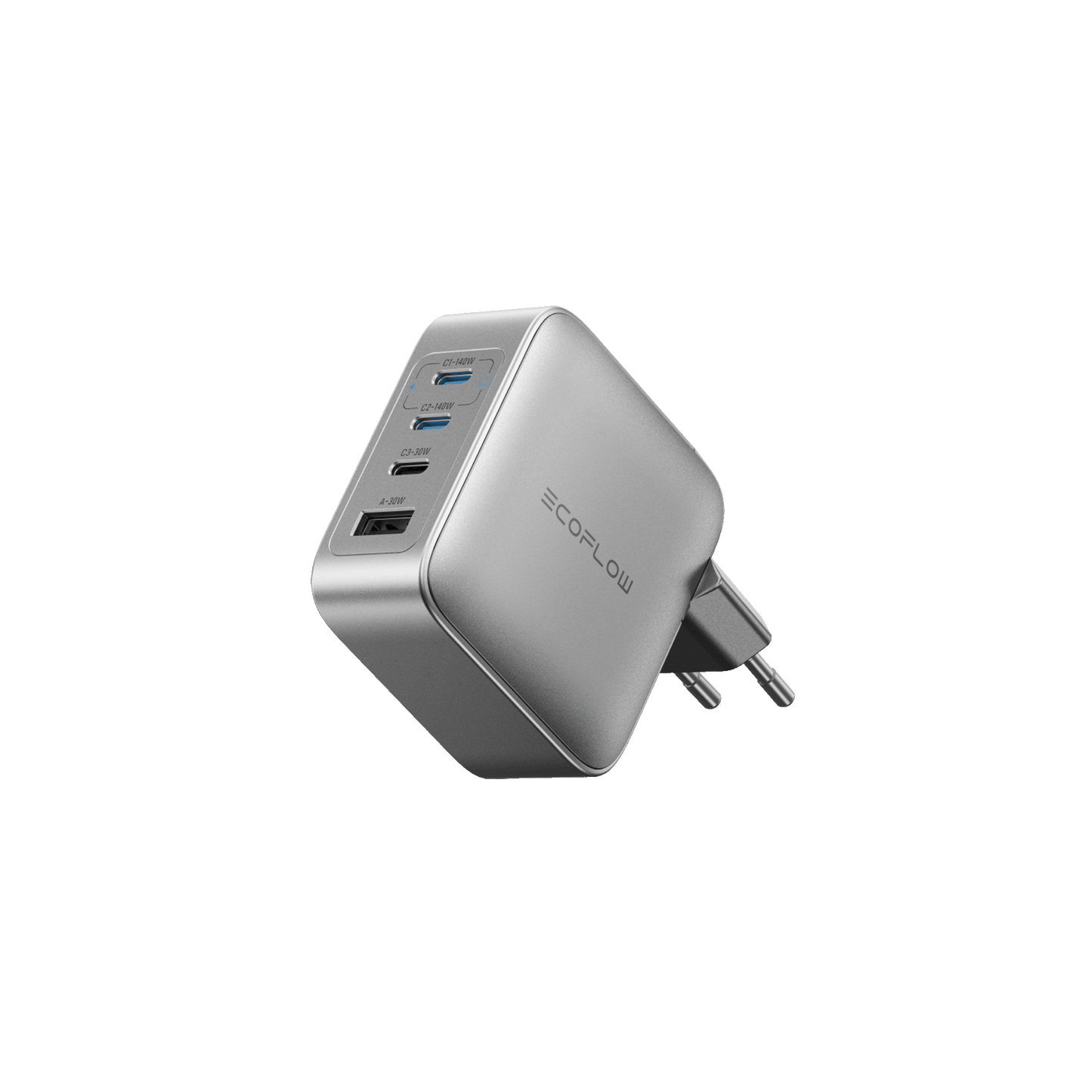 Ecoflow 140 Watt Ladeadapter mit zwei USB C Ports und einem USB A Port in elegantem Silber