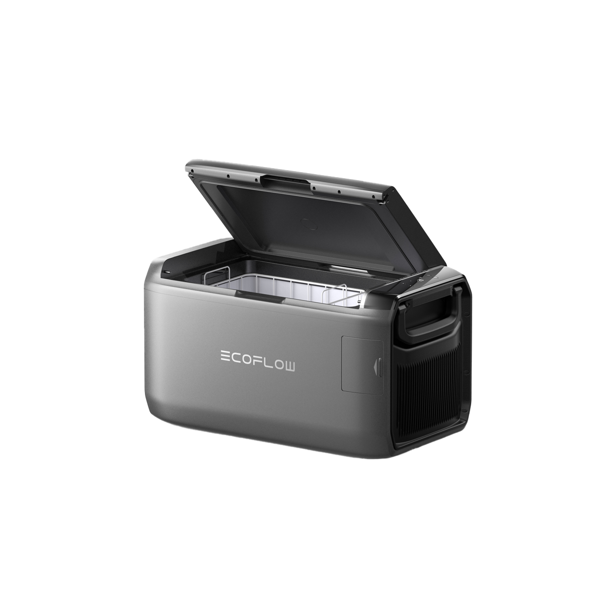 Ecoflow Glacier Classic 35 Liter tragbare Kühlbox mit offenem Deckel und leerem Innenraum in Grau.