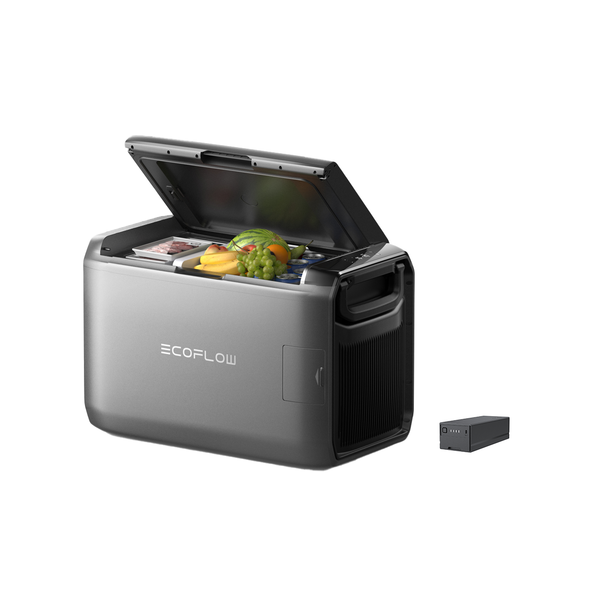 EcoFlow Kühlbox mit frischen Lebensmitteln und separater Batterie für mobile Stromversorgung