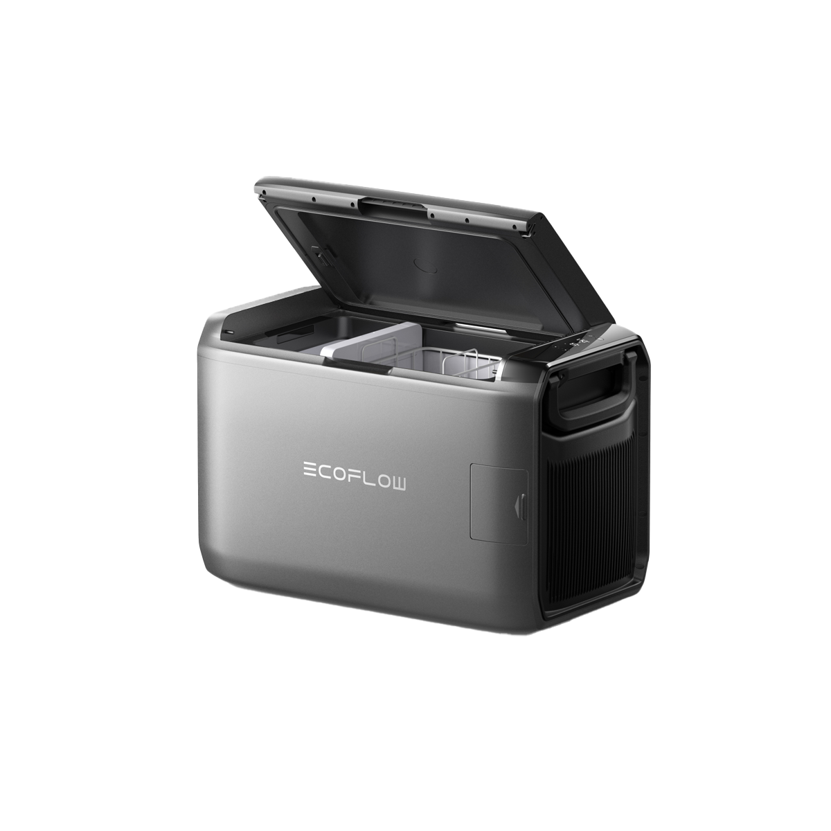 Ecoflow Glacier Classic 45 Liter Kühlbox in Silber mit offenem Deckel und leerem Innenraum.
