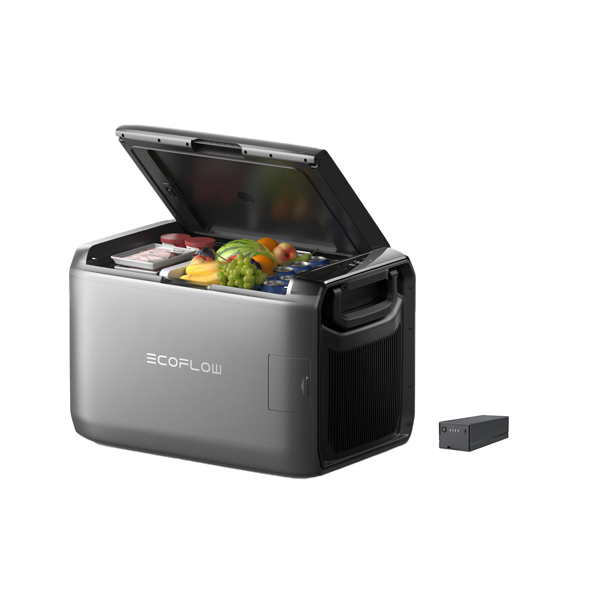 EcoFlow Kühlbox mit geöffnetem Deckel zeigt frische Lebensmittel und entnehmbare Batterie daneben