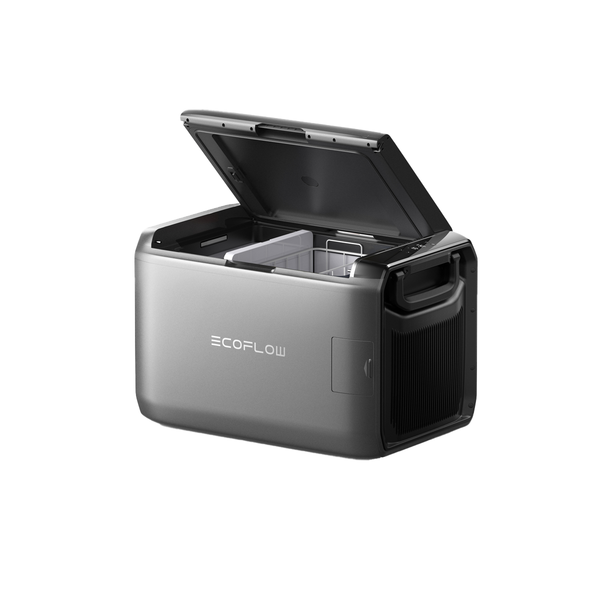 Ecoflow Glacier Classic 55 Liter Kühlbox in Silber mit offenem Deckel und leerem Innenraum.