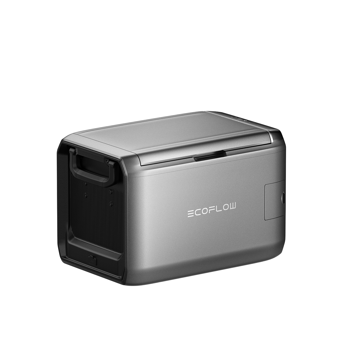 Ecoflow Glacier Classic Kühlbox in silber mit Griff und geschlossener Deckelansicht seitlich fotografiert.