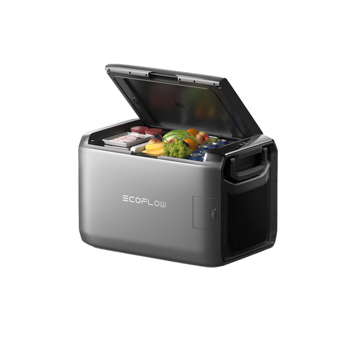 EcoFlow tragbare Kühlbox 55 Liter mit geöffnetem Deckel und frischen Lebensmitteln im Inneren