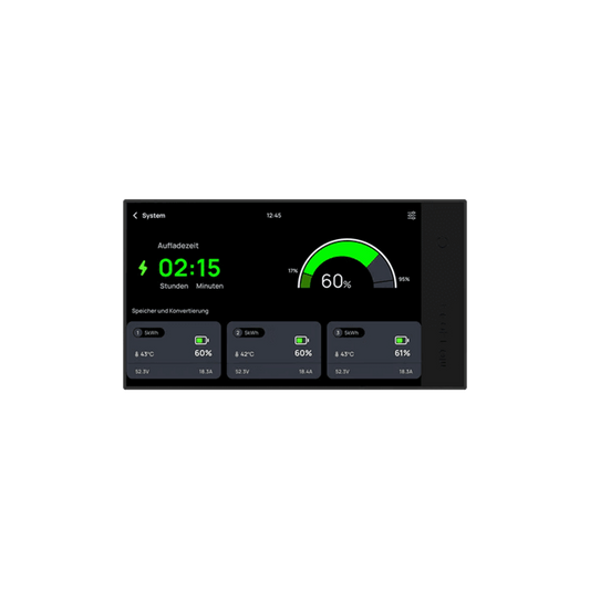 EcoFlow Power Kit Konsole zeigt Ladezeit und Batteriestatus mit drei Akkuständen und Details an