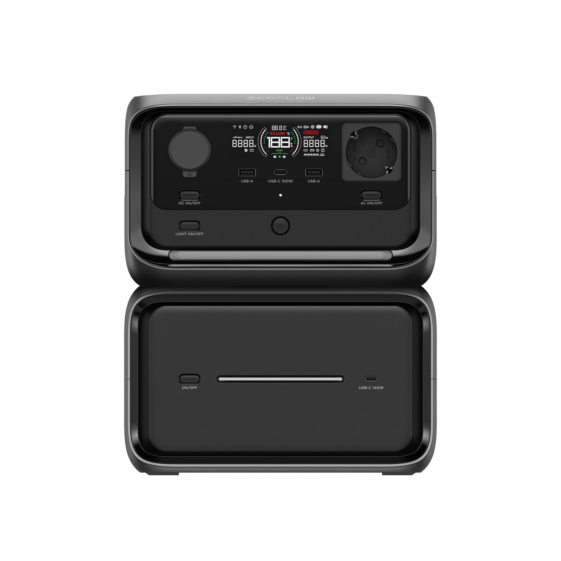 EcoFlow River 3 Max Plus mit geöffnetem Frontpanel und vielfältigen Anschlüssen im Überblick