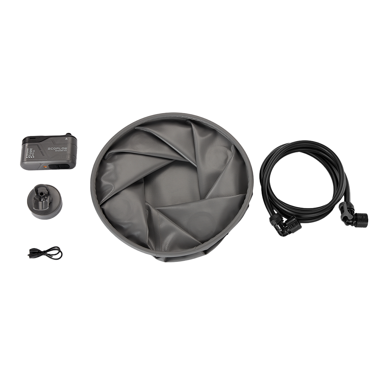 Ecoflow Shower Kit kompletter Lieferumfang mit Akku faltbarem Wassereimer und Schlauch für draußen