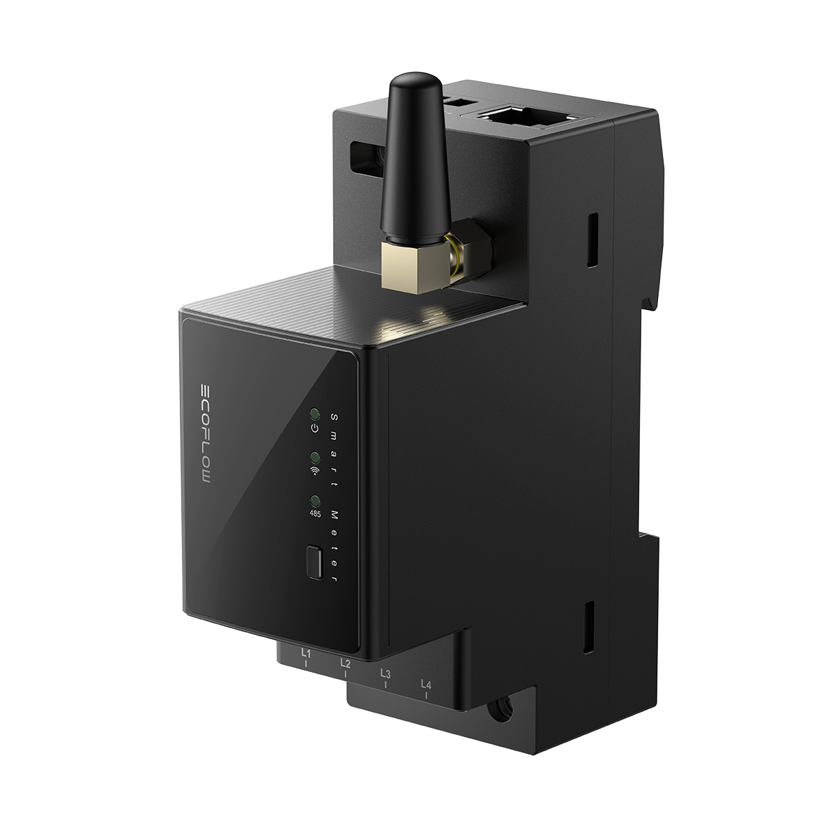 Schwarzes EcoFlow Smart Meter mit Antenne und LED-Anzeigen für smarte Stromüberwachung