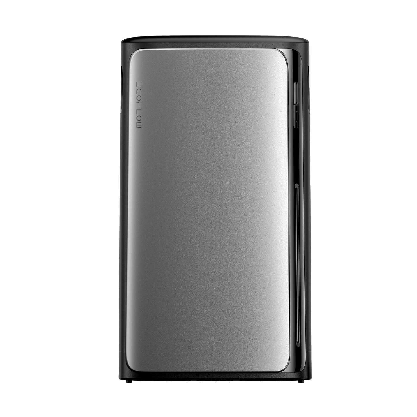 Rechteckige EcoFlow Batterie mit silberner Front und vertikalem Logo auf der Seite