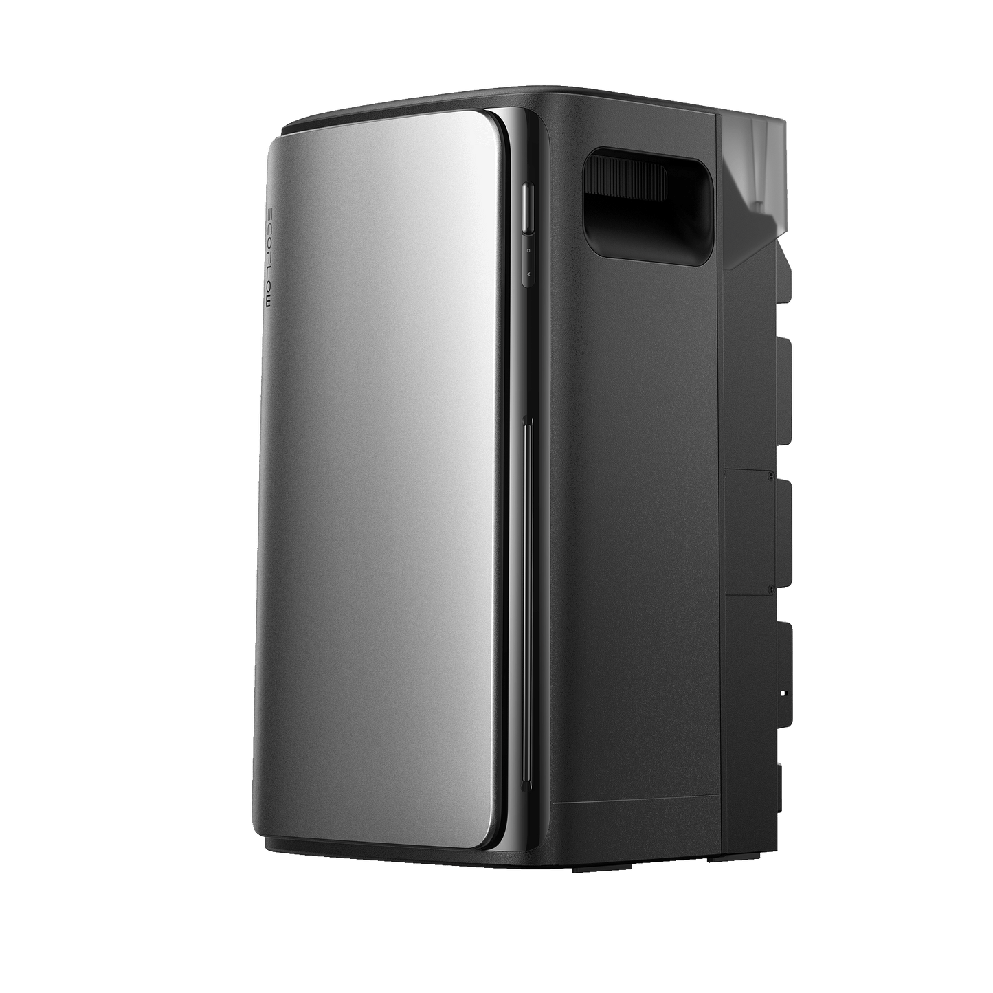 Moderne EcoFlow Batterie mit silberner Front schwarzem Gehäuse und seitlichem Tragegriff