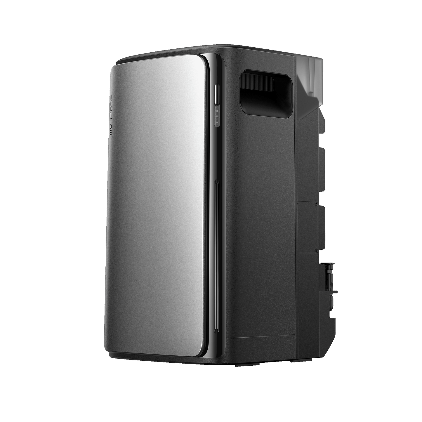 Seitlich tragbare EcoFlow Batterie mit modernem Design und silberner Frontverkleidung