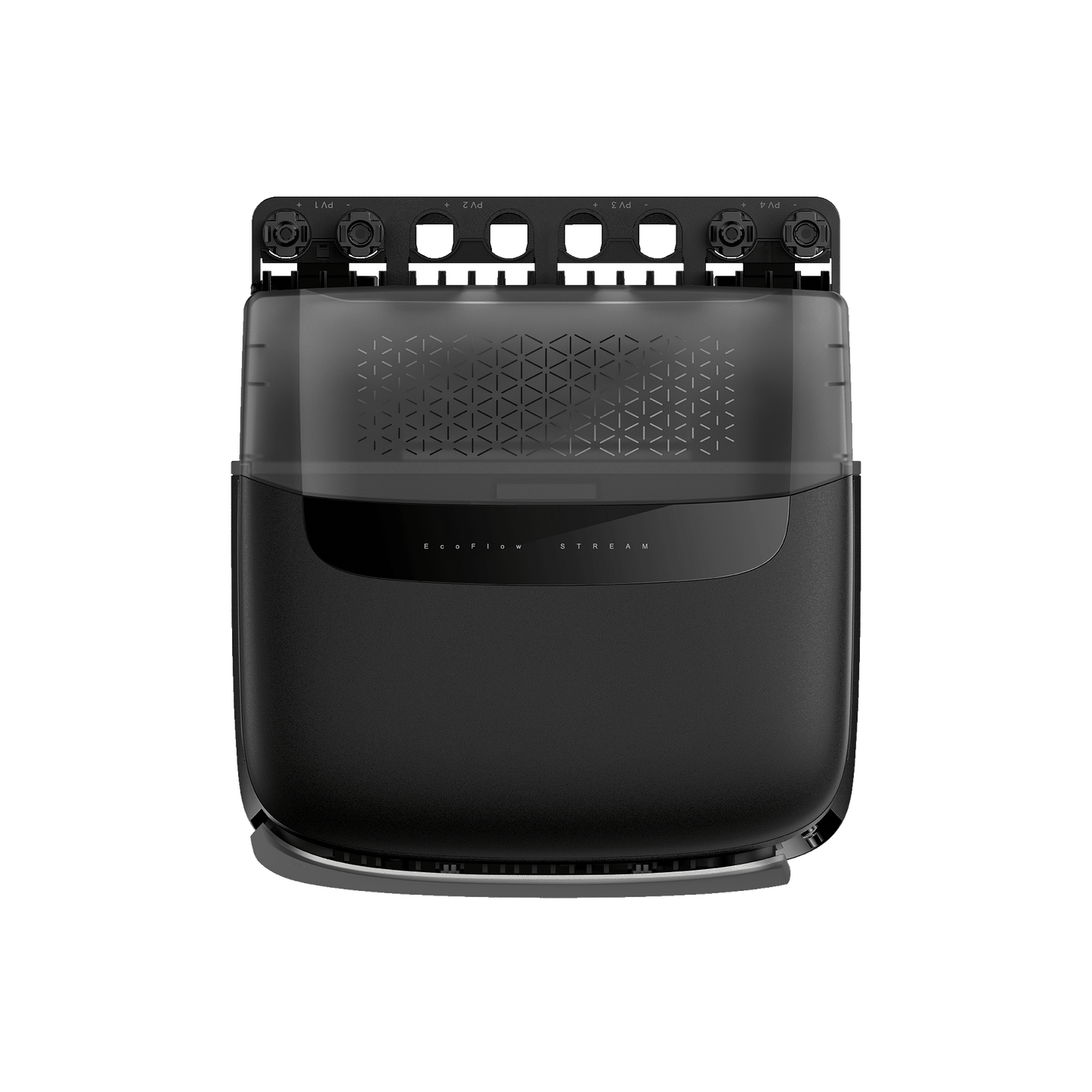 EcoFlow Stream Batterie mit schwarzem Gehäuse und transparentem Deckel mit Muster