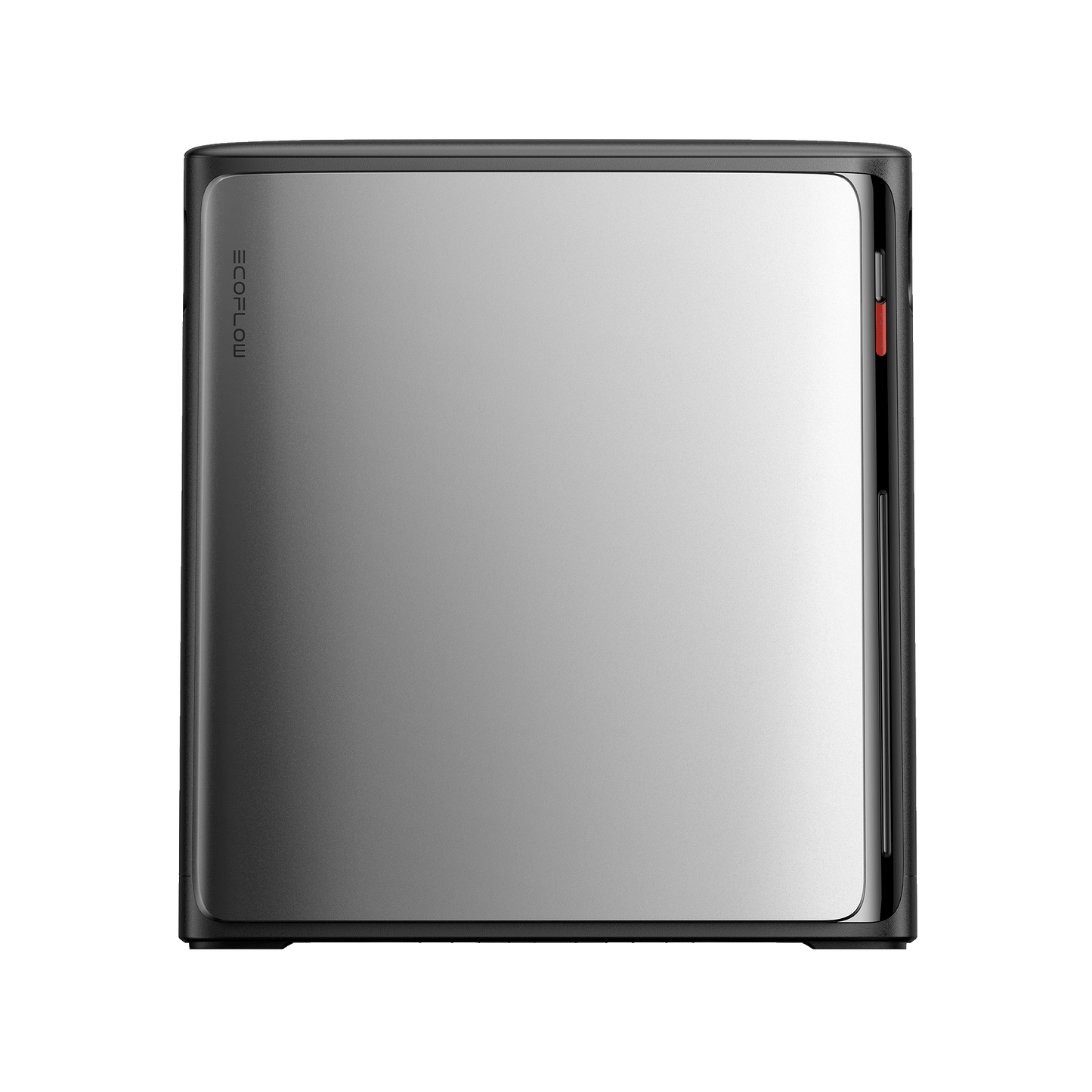 Silberne EcoFlow Batterieeinheit in quadratischer Form mit schwarzem Rahmen