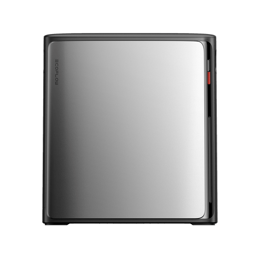 Silberne EcoFlow Batterieeinheit in quadratischer Form mit schwarzem Rahmen