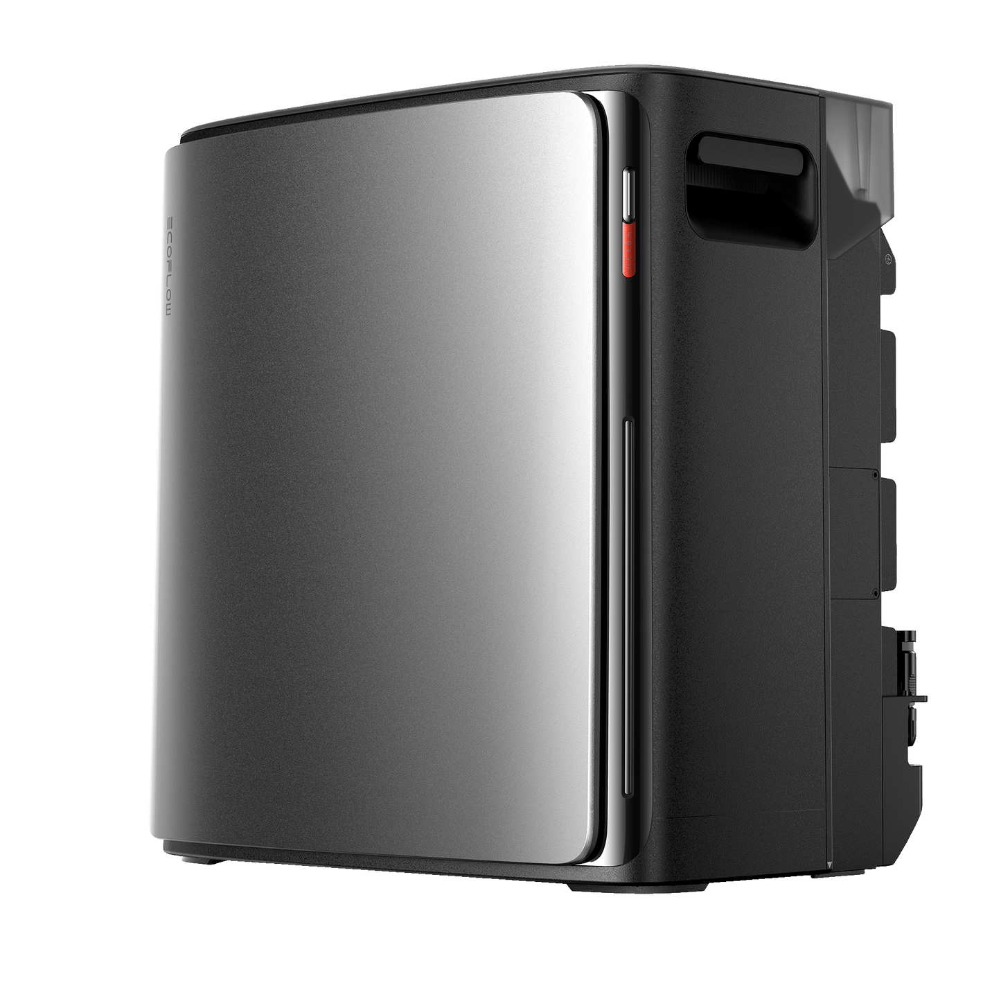 Silberne EcoFlow Batterie mit schwarzem Gehäuse seitliche Ansicht inklusive Griff und Details