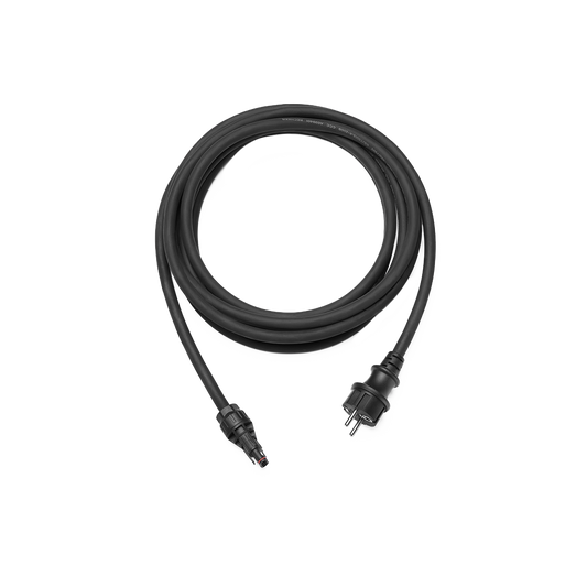 Schwarzes EcoFlow AC Kabel mit Winkelstecker und rundem Anschluss, sauber aufgewickelt