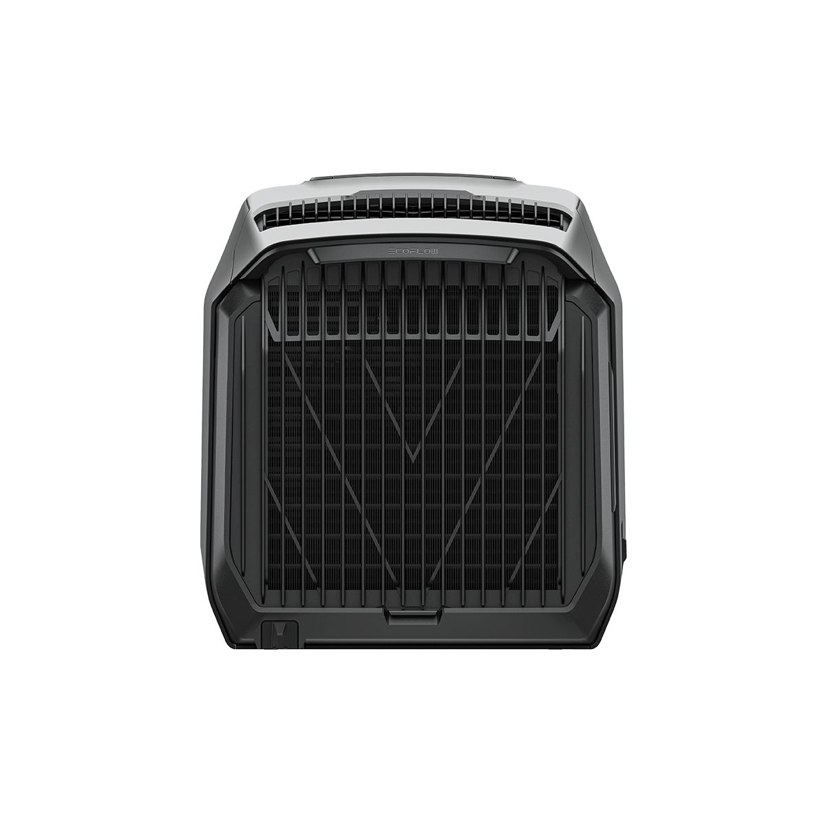 Rückansicht des EcoFlow Wave 3 Luftkühlers mit Schutzgitter und Griff oben für einfachen Transport.