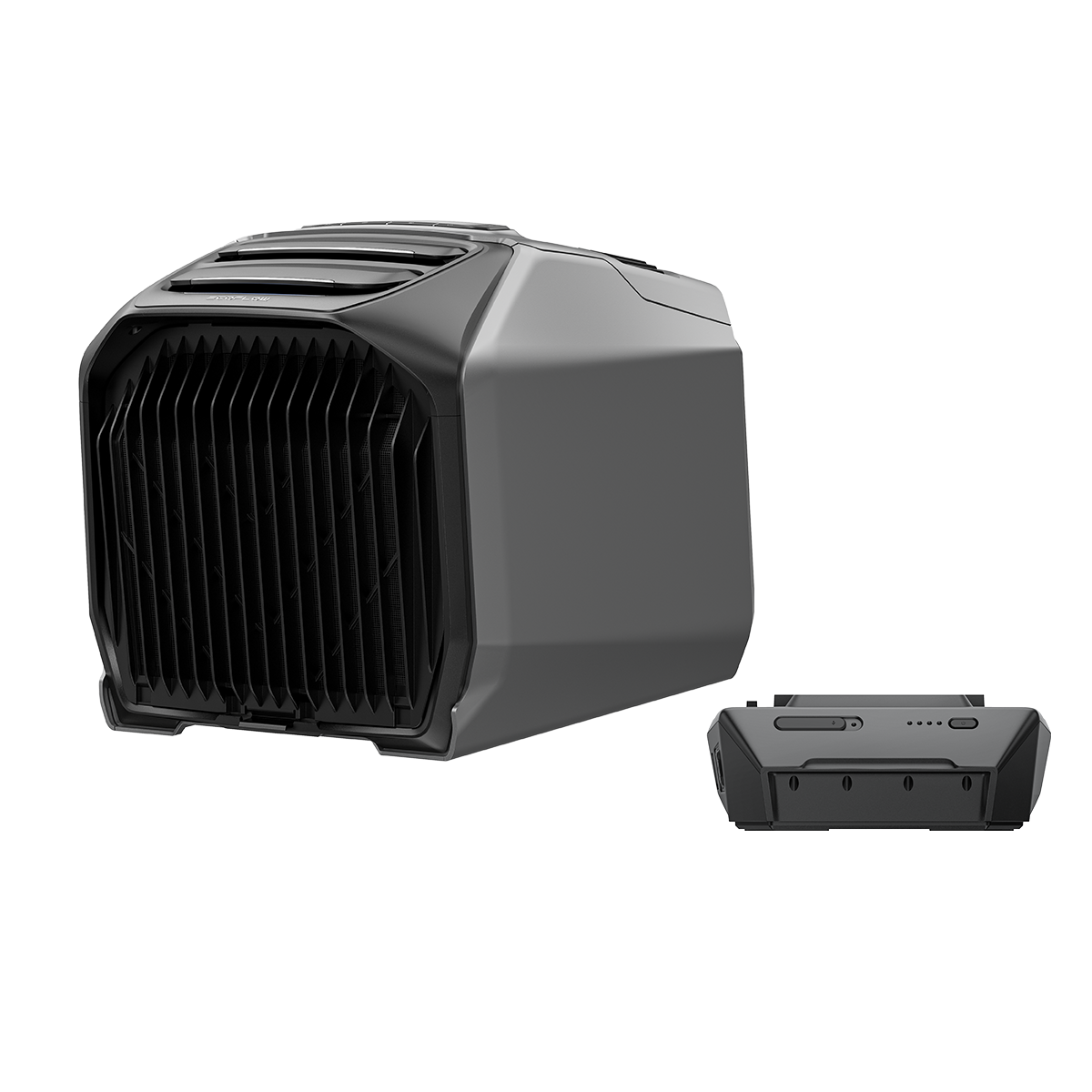 EcoFlow Wave 3 mit Zusatzakku nebeneinander auf weißem Hintergrund in 3D-Perspektive dargestellt.