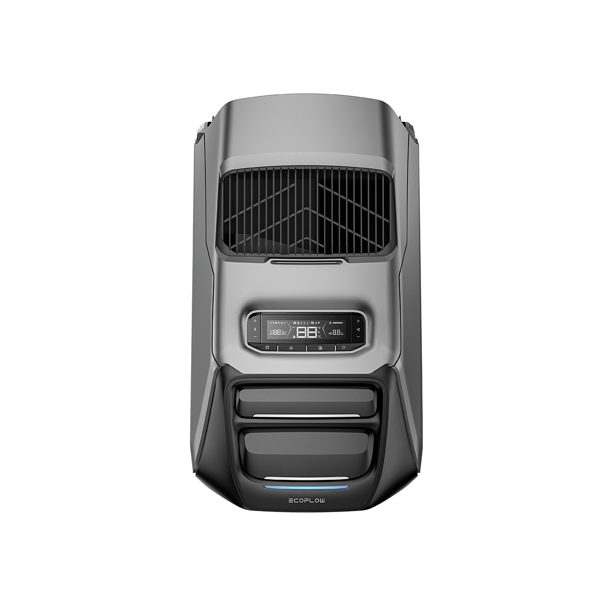 Ecoflow Wave3 Klimaanlage von oben mit Displayanzeige und sichtbaren Luftauslässen.