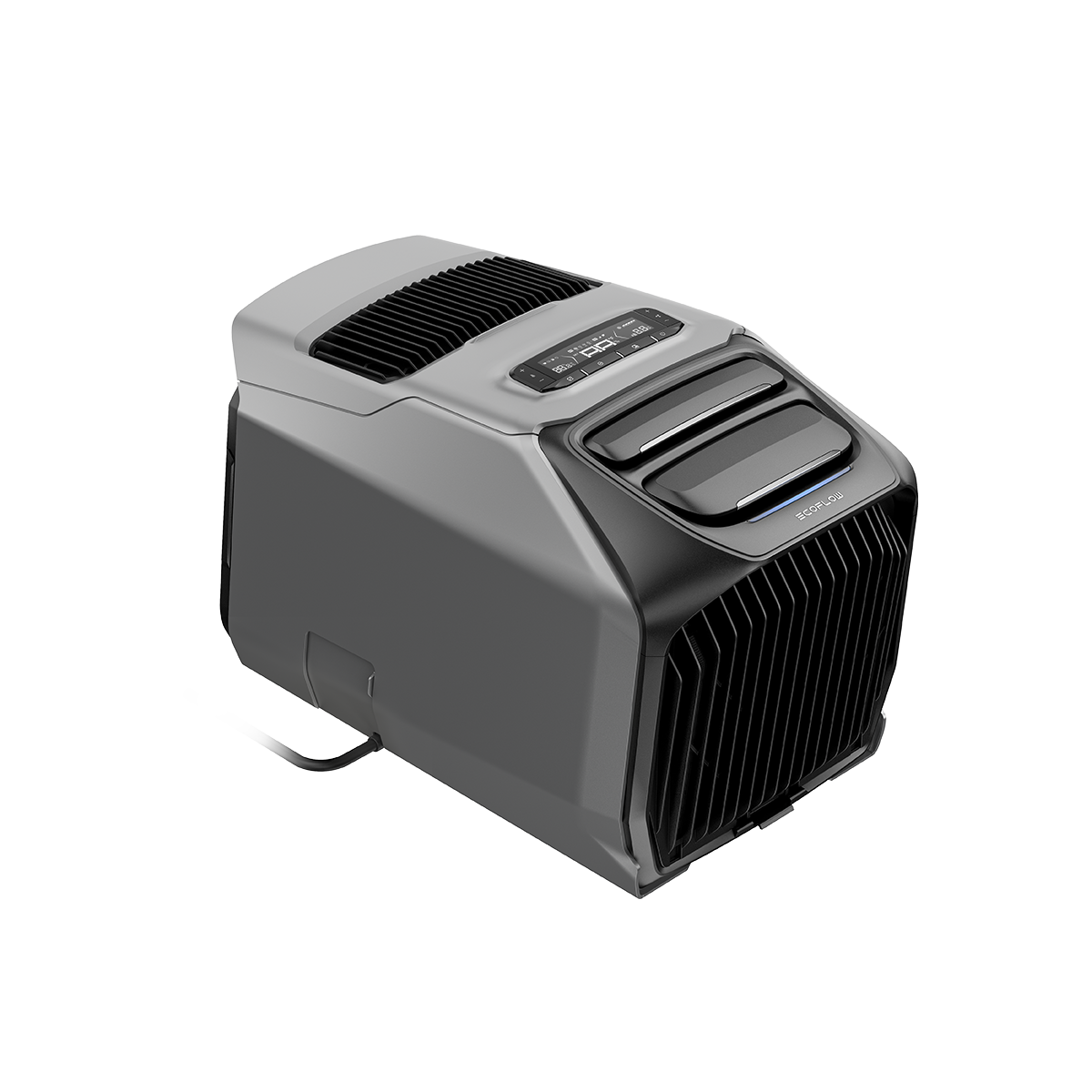 Ecoflow Wave3 Klimagerät mit integriertem Akku in seitlicher Perspektive mit Luftauslass.