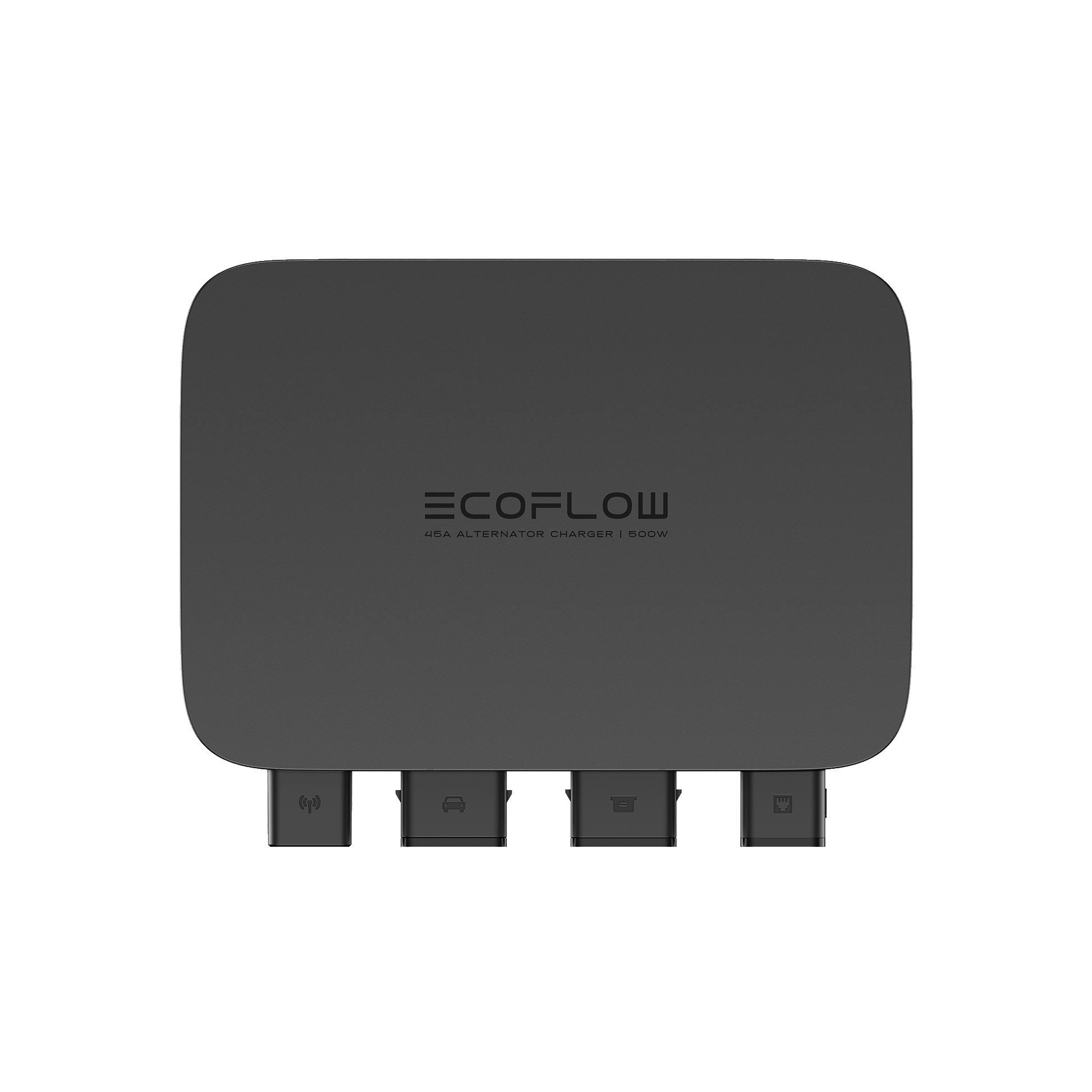 EcoFlow 500W Alternator Charger mit vier Anschlüssen und Symbolen für Strom und Batterie