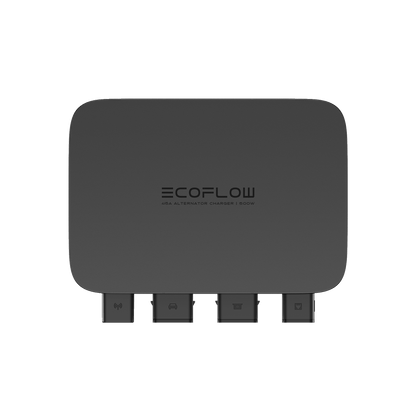 EcoFlow 500W Alternator Charger mit vier Anschlüssen und Symbolen für Strom und Batterie