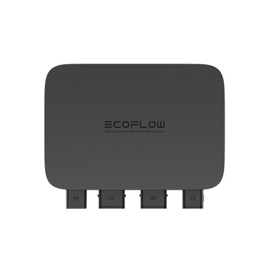 EcoFlow 500W Alternator Charger mit vier Anschlüssen und Symbolen für Strom und Batterie