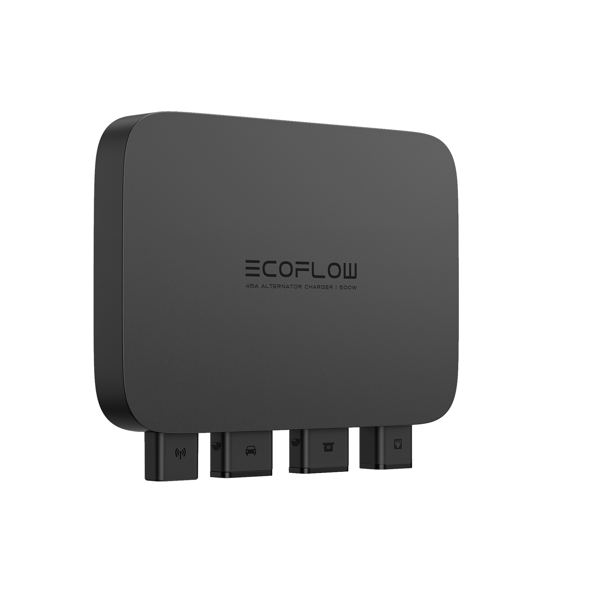 EcoFlow 500W Alternator Charger in Schwarz mit vier Anschlüssen und abgerundeten Kanten