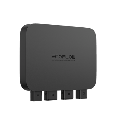 EcoFlow 500W Alternator Charger in Schwarz mit vier Anschlüssen und abgerundeten Kanten