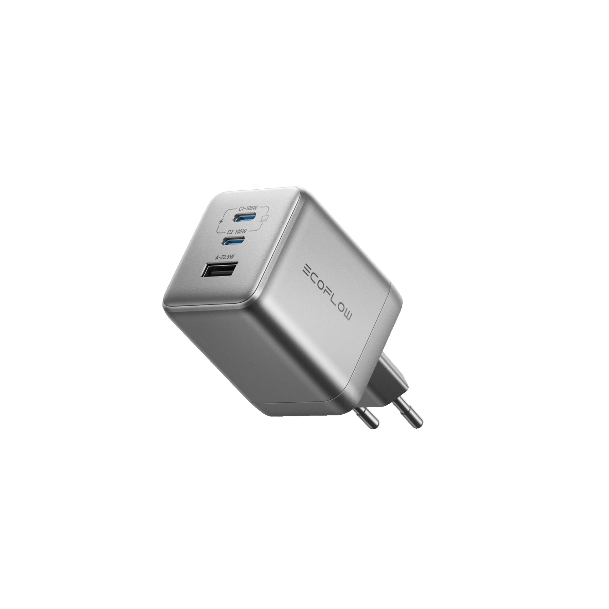 Kompakter Ecoflow 100 Watt Ladeadapter mit zwei USB C Anschlüssen und einem USB A Port in Silber
