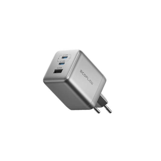 Kompakter Ecoflow 100 Watt Ladeadapter mit zwei USB C Anschlüssen und einem USB A Port in Silber