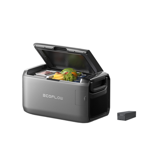 EcoFlow Kühlbox 35 Liter mit geöffnetem Deckel voller Lebensmittel und separater Batterie daneben