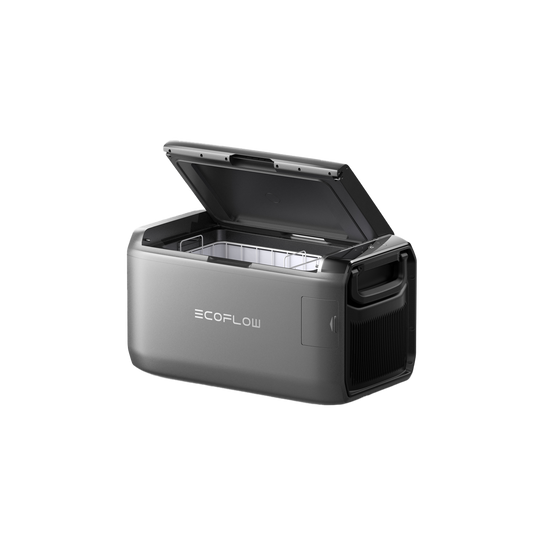 Ecoflow Glacier Classic 35 Liter tragbare Kühlbox mit offenem Deckel und leerem Innenraum in Grau.