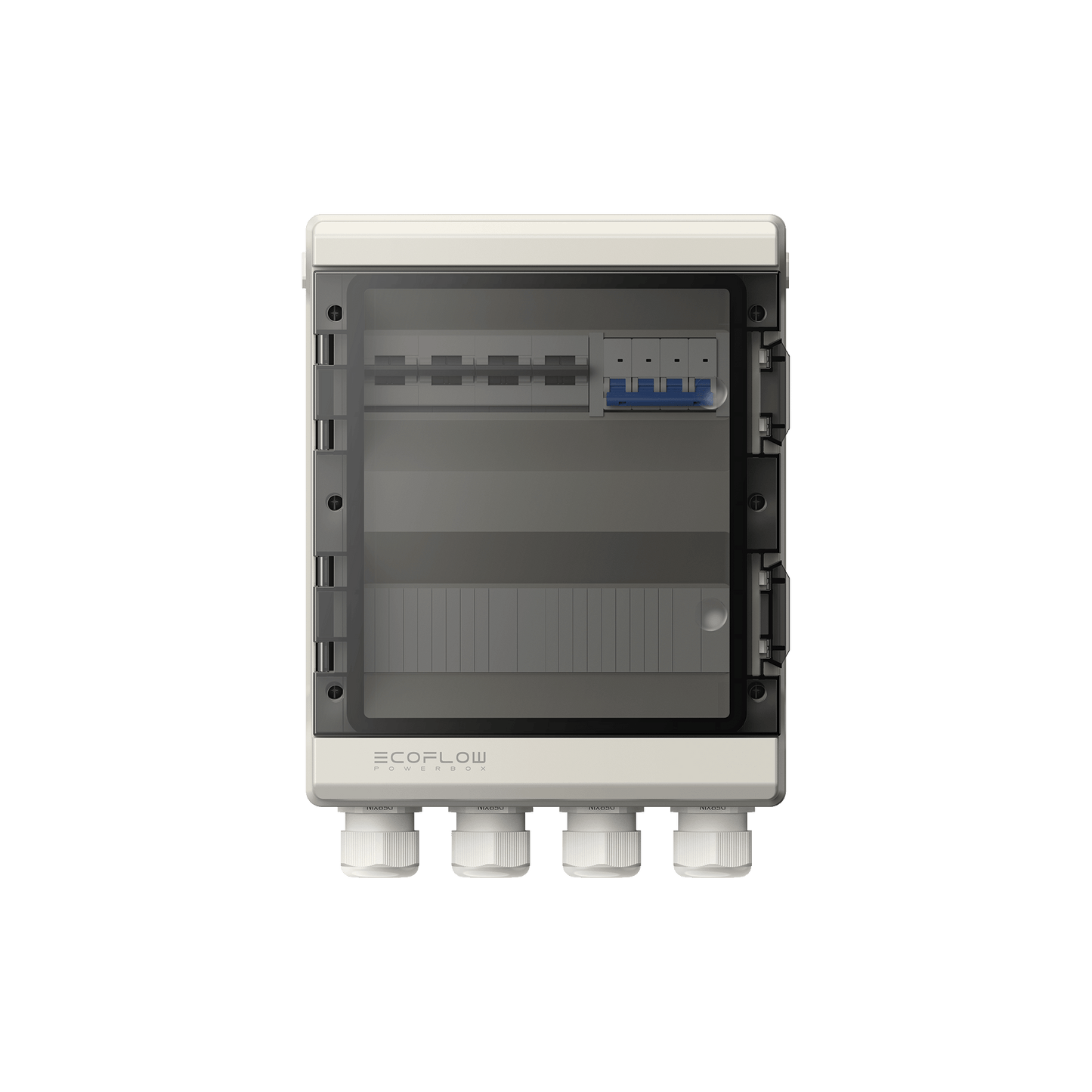 Weiße EcoFlow Powerbox mit transparentem Schutzdeckel und integrierten Sicherungsschaltern sichtbar