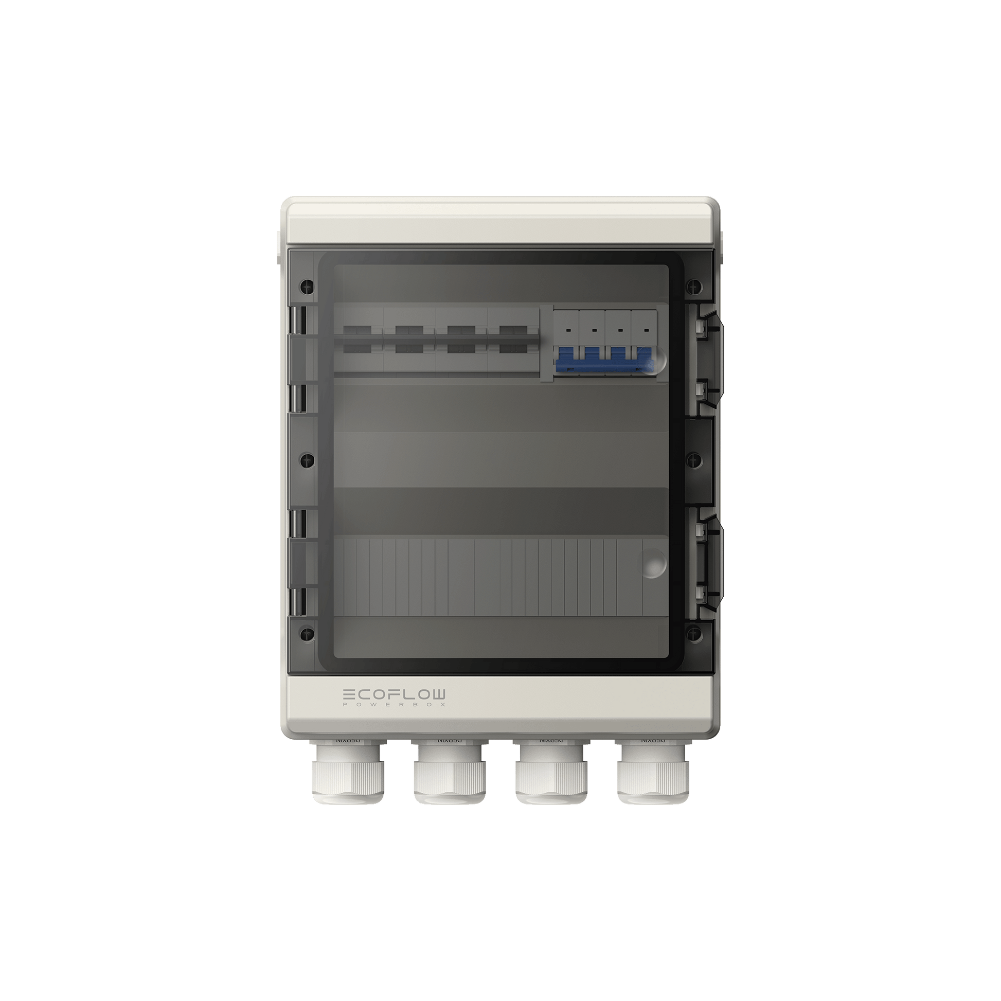 Weiße EcoFlow Powerbox mit transparentem Schutzdeckel und integrierten Sicherungsschaltern sichtbar