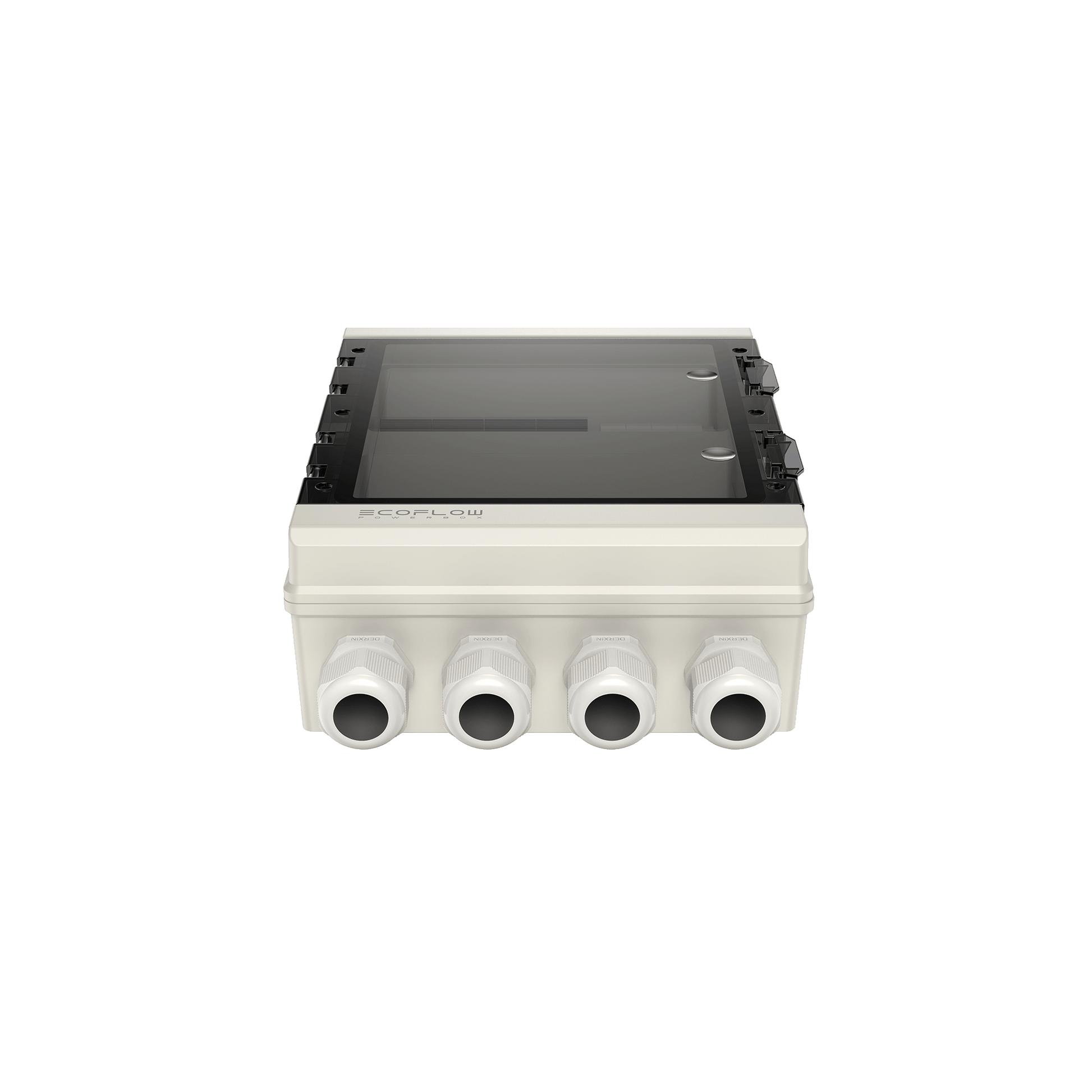 Weiße EcoFlow Powerbox mit vier Kabelanschlüssen und transparentem Schutzdeckel in moderner Ansicht