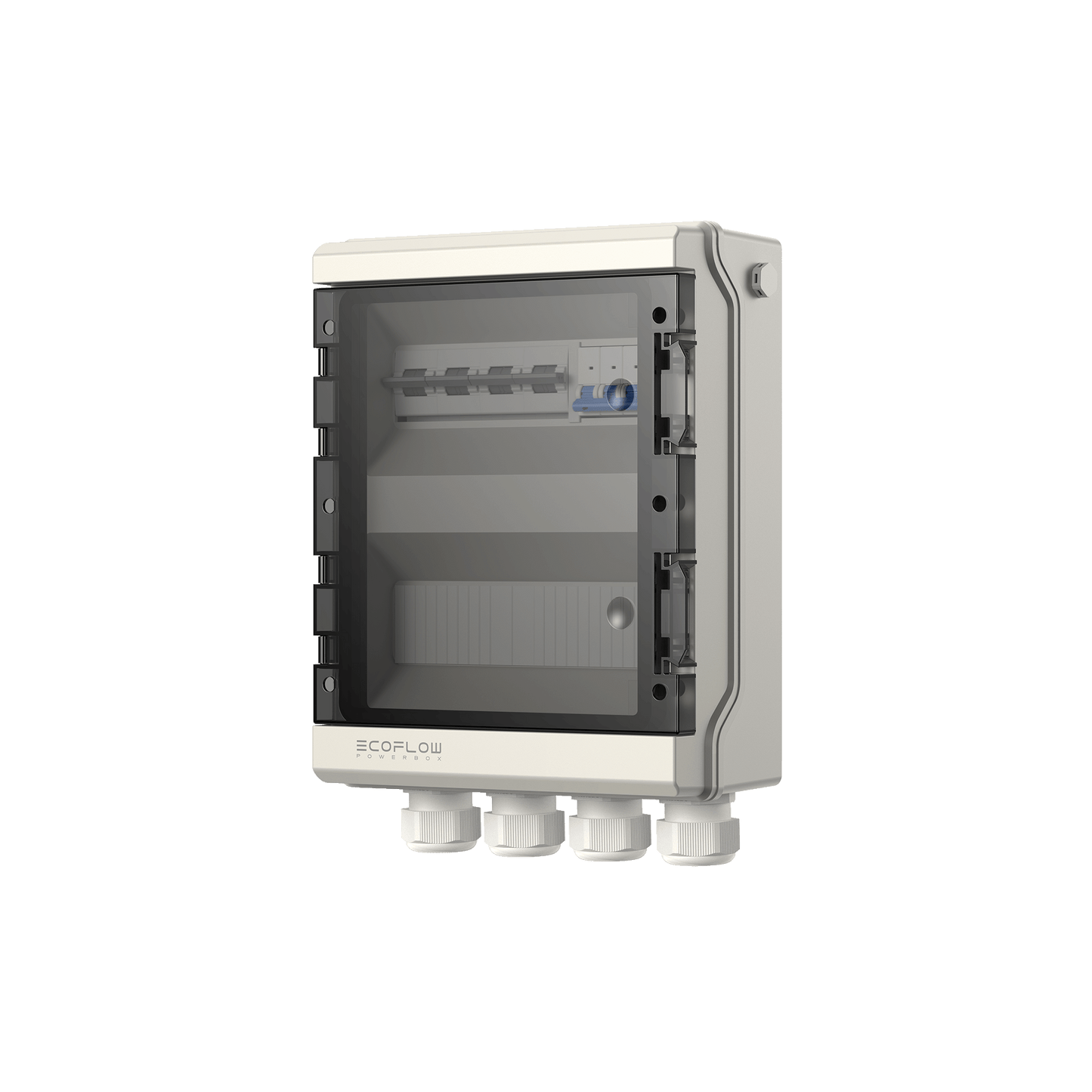 Weiße EcoFlow Powerbox mit transparentem Deckel und Sicherungsschaltern in seitlicher Ansicht
