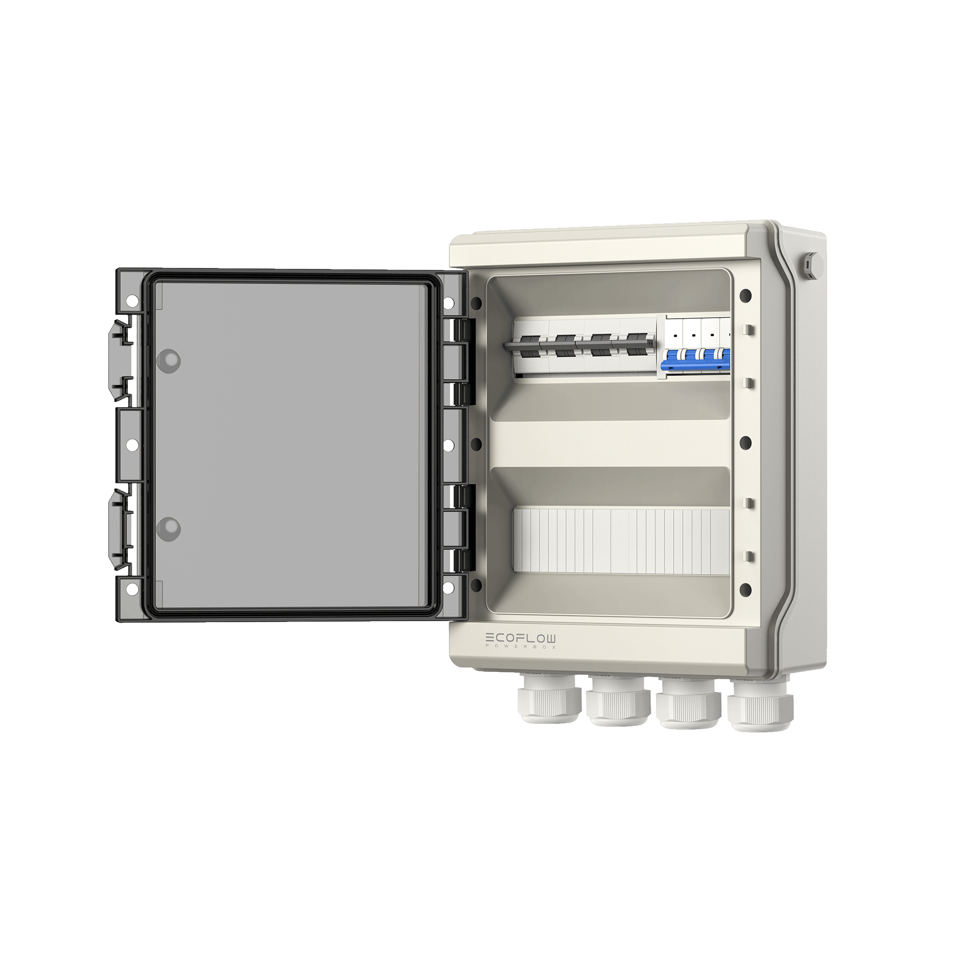 Weiße EcoFlow Powerbox mit geöffnetem Deckel Sicherungsschalter und Kabelanschlüssen gut sichtbar