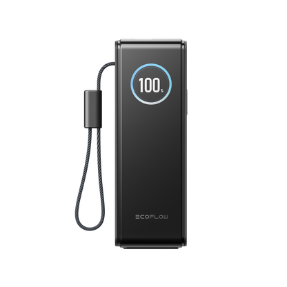 EcoFlow Rapid 25K Powerbank mit rundem Display auf 100 Prozent und seitlichem Trageband