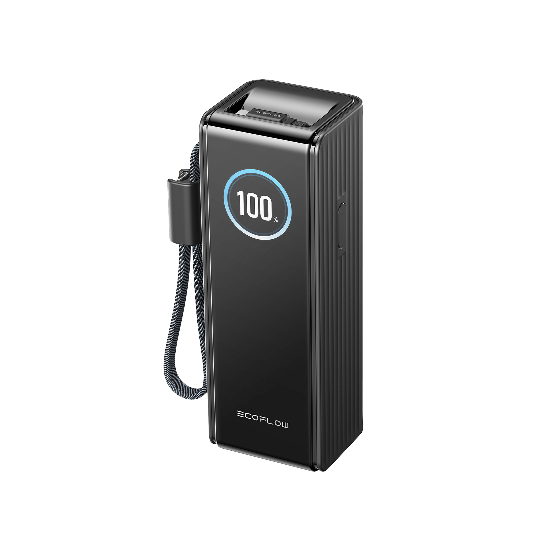 EcoFlow Rapid 25K Powerbank mit Display auf 100 Prozent und angeschlossenem Kabel