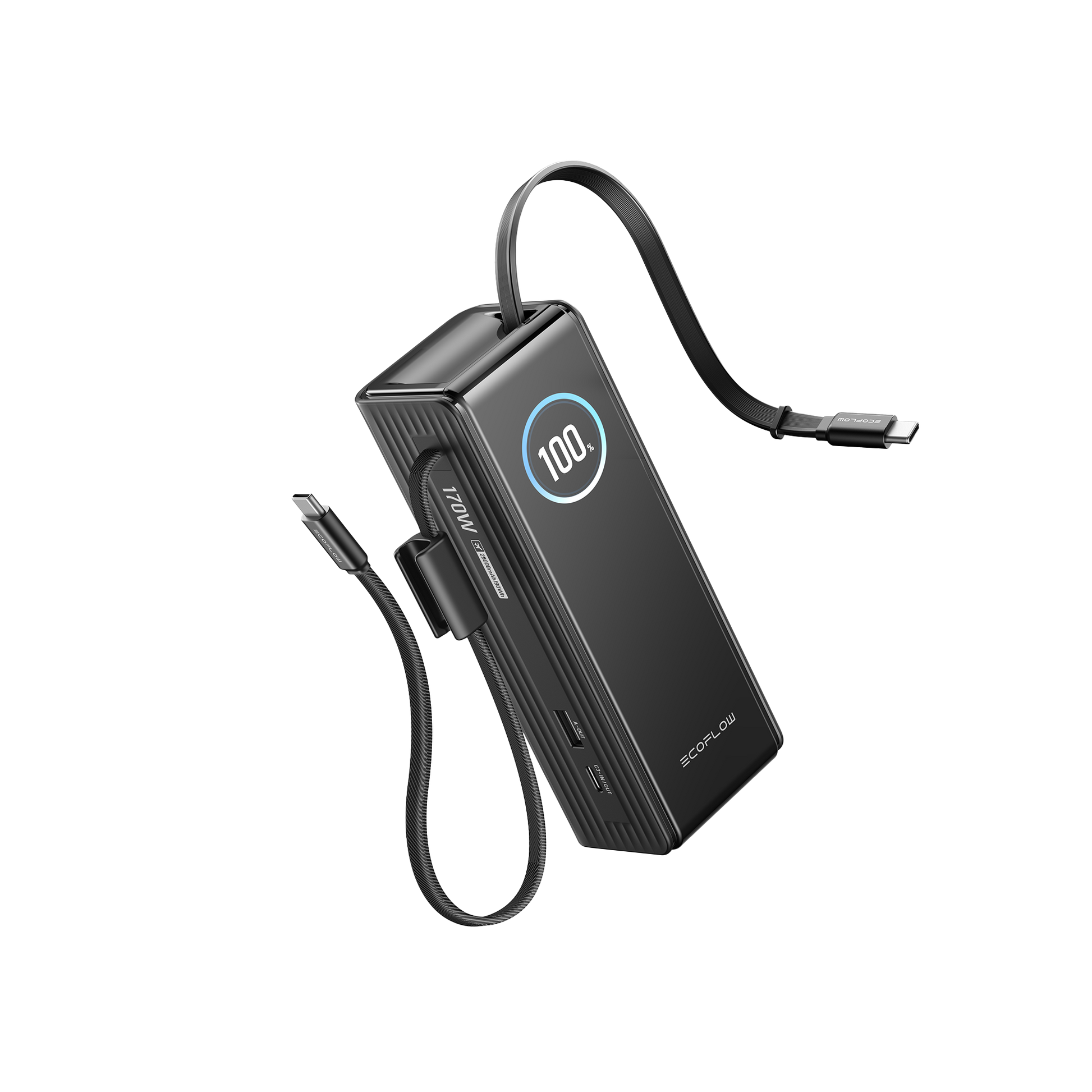EcoFlow Rapid 25K Powerbank mit Display, USB Anschlüssen und zwei angeschlossenen Kabeln