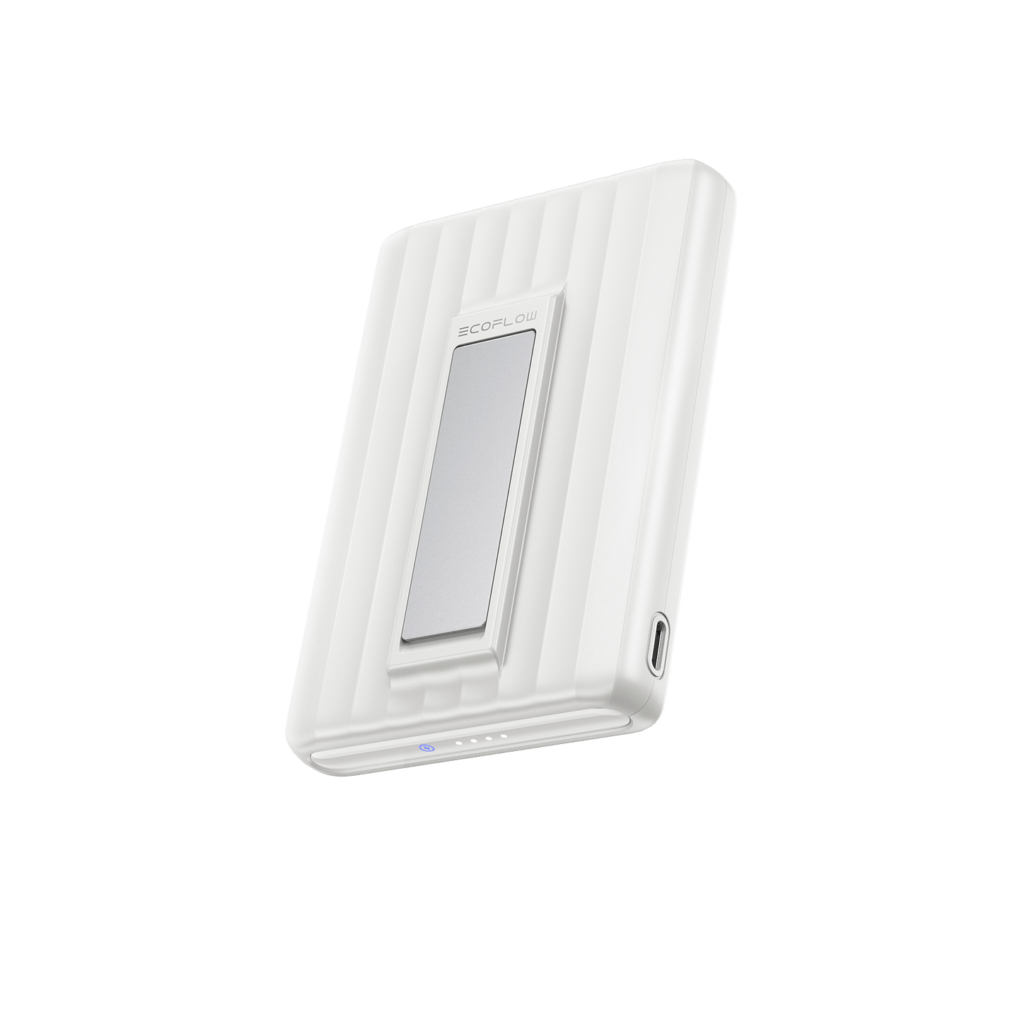 Weiße EcoFlow Powerbank mit gerilltem Design und USB C Anschluss an der Seite