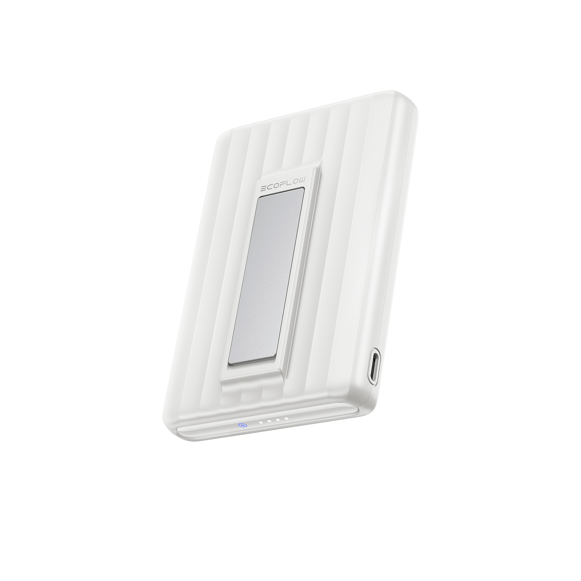Weiße EcoFlow Powerbank mit gerilltem Design und USB C Anschluss an der Seite