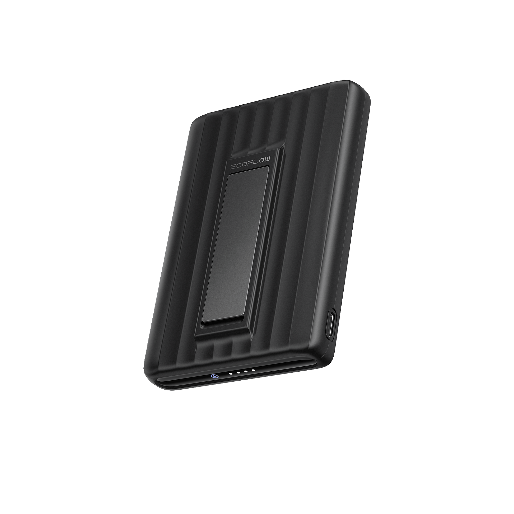 Schwarze EcoFlow Powerbank mit Rillenstruktur und USB Anschluss an der Unterseite